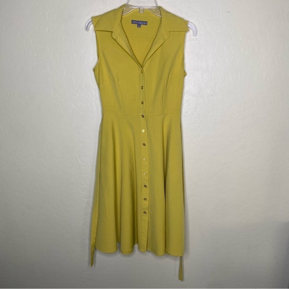 Sharagano Chartreuse Yellow Buttoned Belted Midi Sleeveless Dress Size 4 - Picture 8 of 11